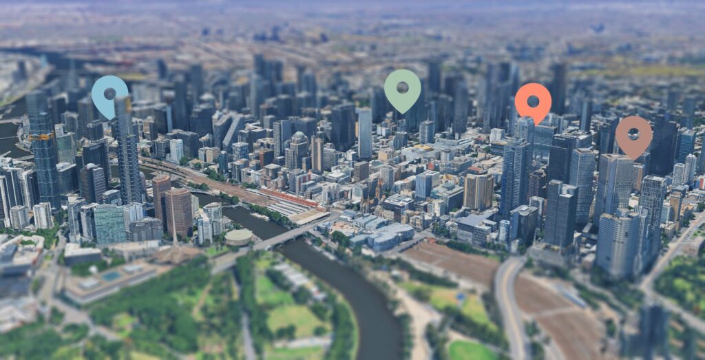 Aerial view of Melbourne city showing four Brady Hotels locations marked with pins.