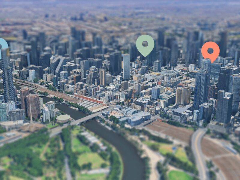 Aerial view of Melbourne city showing four Brady Hotels locations marked with pins.